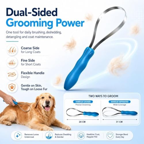 2026 New Dual Sided Shedding Blade for Cats Dogs, Professional Dog Grooming Deshedding Brush, Stainless Steel Undercoat Rake for Short Long Haired Pets Removes Loose Hair Effectively (1PC-Double Lap)