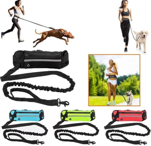 Hands Free Dog Running Leash with Waist Pack, Reflective Strip Elastic Shock Absorbing Walking Belt, Adjustable Waist Strap for Jogging Hiking Walking Medium Small Dogs (Blue)
