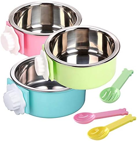 kathson 3 PCS Crate Dog Bowl, Stainless Steel Removable Hanging Cage Food Bowl Pet Food Spoon & Water Feeder Bowls Coop Cup for Puppy Cat Bird Rabbit
