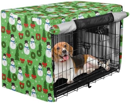 Kigai Snowmen Tree Dog Crate Cover Oxford Fabric Windproof Waterproof Kennel Cover with Breathable Mesh & Roll-Up Panels, Fit for 41 in Cage, Washable