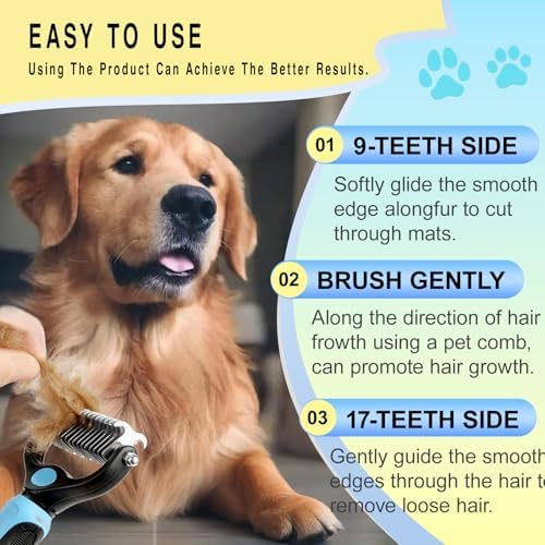 Pet Grooming Rake for Dogs & Cats - Double-Sided Deshedding and Dematting Tool, Gently Remove 95% of Loose Undercoat & Mats for Long-Haired Pets, Painless Fur Brush for Shedding Control (Comb+Nail)