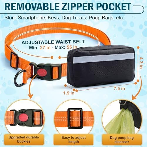 Hands Free Dog Leash for 2 Dogs – Waist Leash for Dog Walking with Dual Bungee, Reflective No Pull Design, Adjustable Belt & Pouch for Running, Hiking, Jogging