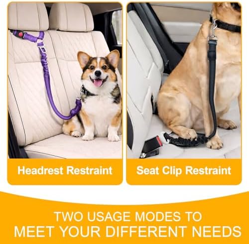 2-Pack Dog Car Seat Belt, 3-in-1 Headrest-Mounted Dog Seatbelt for Car, Adjustable Nylon Pet Safety Leash with Elastic Buffer & Reflective Stitching, Durable Car Harness for Dogs Fits Most Vehicles