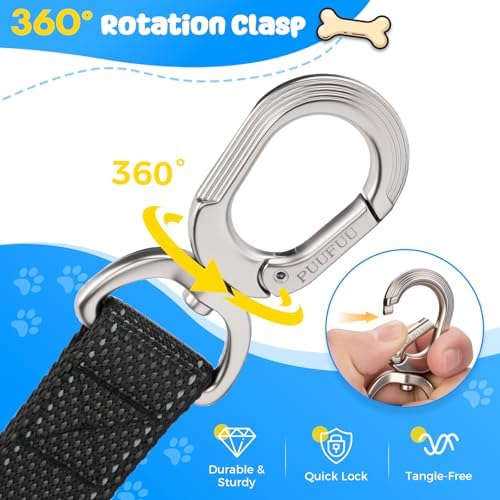 Heavy Duty Dog Leash with Easy Lock Metal Clip, Reflective, Padded Handle - Durable 6ft Walking Training Black Leash for Large, Medium, Small Dogs, Jogging, Hiking, and Outdoor Use