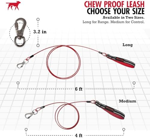 Tuff Pupper Chew Proof Dog Leash | Steel Cable Bite Resistant Lead | Twist Lock Carabiner | Heavy Duty for Large Dogs & Teething Puppies | Comfortable Padded Handle | 4FT & 6FT Lengths (Red, 4 Feet)