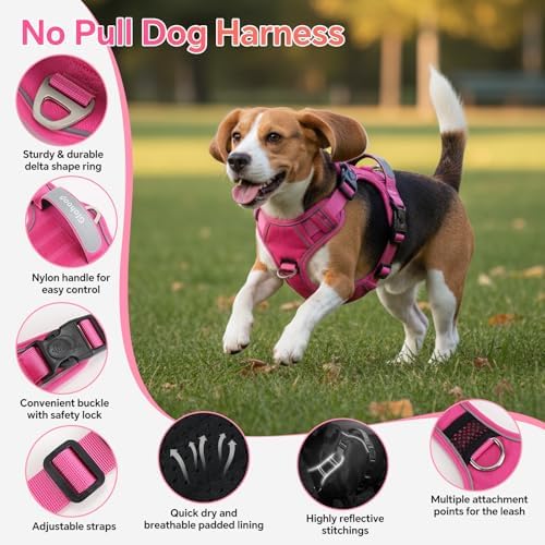 Heavy Duty Tactical Dog Harness for Medium Dogs, No Pull Dog Harness with Handle & Front Clip, Reflective Soft Padded, Hook and Loop Panel, Dog Vest for Walking, Service Training, Hotpink