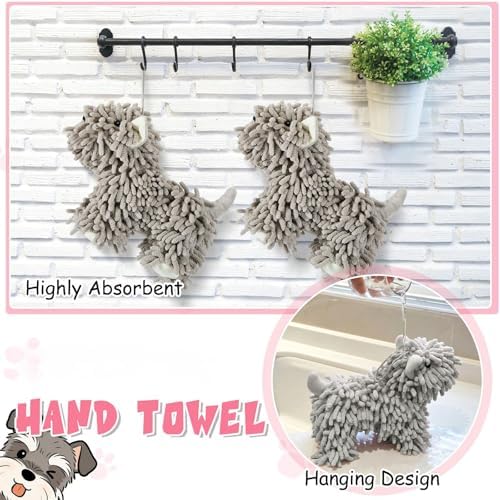 Tegeme 2 Pcs Chenille Dog Hand Towel, Grey, Standing Dog