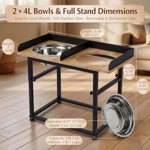 Elevated Dog Bowls for Large Breeds & Great Danes, 5 Adjustable Heights 16.1"-21.7" Raised Bowl Stand with Splash Guard, 2×4L 304 Stainless Steel Bowls, Wood & Metal, Non-Slip
