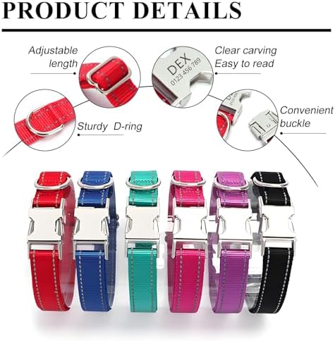 Personalized Reflective Nylon Dog Collar with Metal Buckle, Teal
