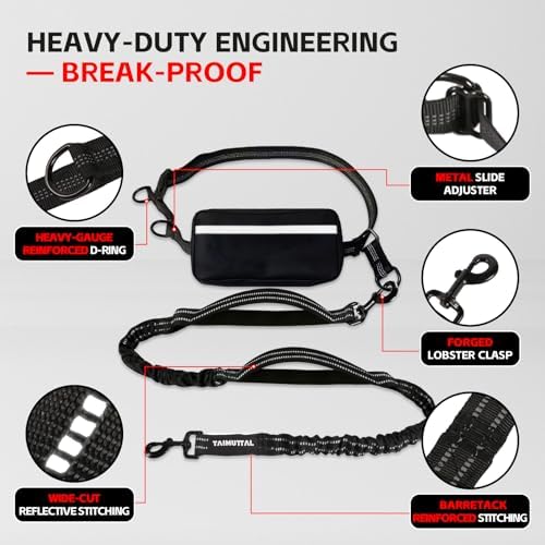 Hands Free Dog Leash with Waist Belt & Large Pouch, Waist Leash for Dog Walking, Running, Hiking & Jogging, Reflective Dual Padded Handles, Ideal for Medium/Large Dogs (30-120lbs)