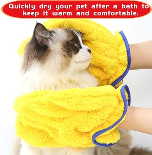 Microfiber Pet Drying Glove - Absorbent Dog & Cat Grooming Mitt, Quick Dry Bath Towel Glove for All Pets, One Size Fits All, 2 Pack (Blue/Yellow)