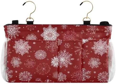 Bedside Caddy Hanging Bunk Bed Caddy Bed Organizer Hanging Pocket with 2 Hooks Bedside Storage Organizer Pocket Bag Holder Red Christmas Snowflakes