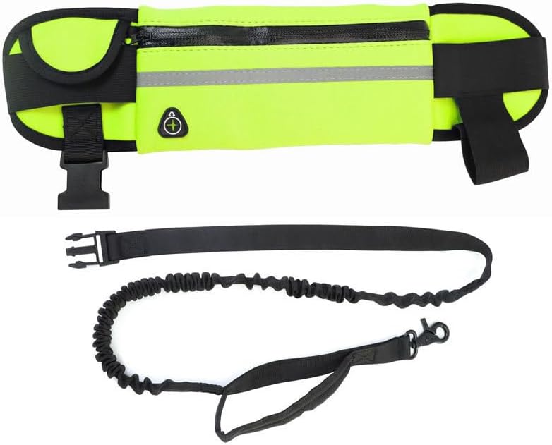 Hands Free Dog Lead with Running Waist Pack, Shock Absorbing Elastic Bungee, Waterproof Pouch with Earphone Hole, Reflective Strip, Adjustable for Jogging, Walking and Hiking