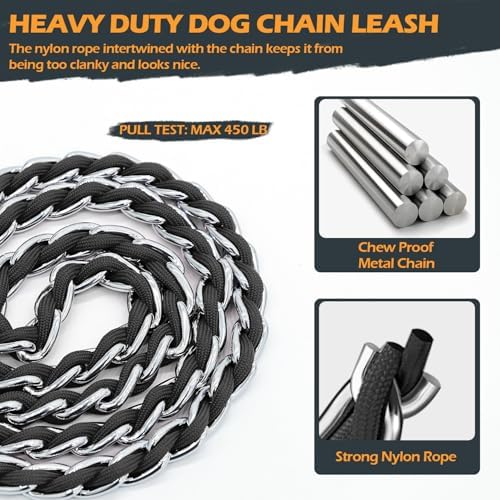 Chain Dog Leash, Bite-Proof Metal Leash, with Padded Handle，Black