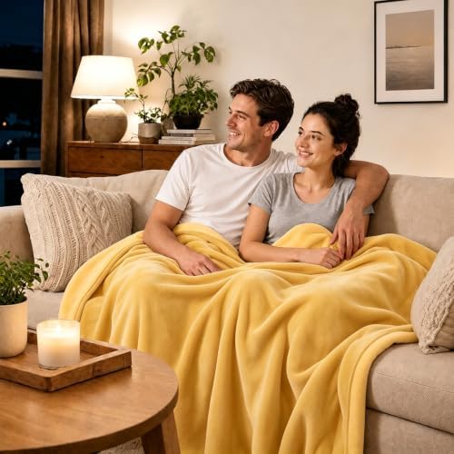 LOOBANI Yellow Waterproof Blanket for Bed, Flannel King Size 85"x108"