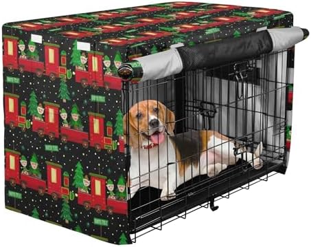 Kigai Christmas Train Dog Crate Cover Oxford Fabric Windproof Waterproof Kennel Cover with Breathable Mesh & Roll-Up Panels, Fit for 41 in Cage, Washable