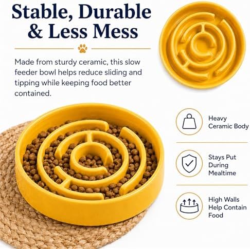 Ceramic Slow Feeder Dog Bowl, 1.5 Cup Puzzle Dish for Small Medium Dogs