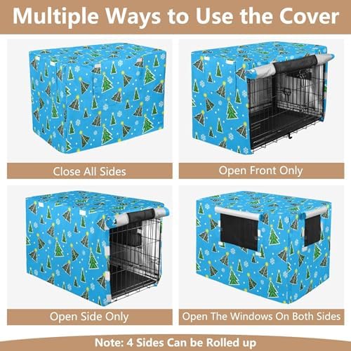 Kigai Christmas Tree Dog Crate Cover Oxford Fabric Windproof Waterproof Kennel Cover with Breathable Mesh & Roll-Up Panels, Fit for 54 in Cage, Washable