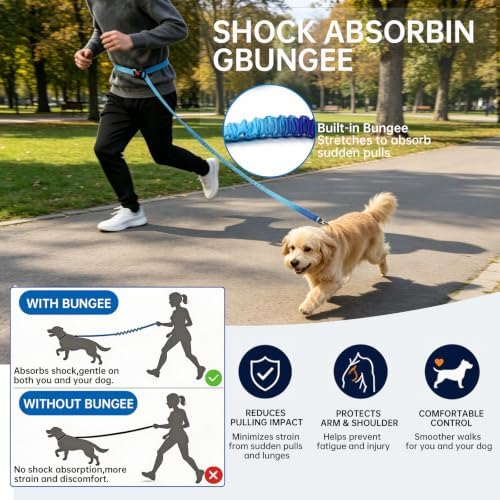 Hands Free Dog Leash and Collar Set, Shock Absorbing Tactical Leash with Padded Control Handle, Adjustable Nylon Collar for Medium Large Dog Running Waist Leashs for Walking (Blue, XL(33lb~66lb))