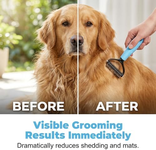 Double Sided Dematting Comb for Cats & Dogs, Professional Grooming Brush, Undercoat Rake with Ergonomic Grip, Safe Deshedding Tool for Long Thick Hair, Tangle Remover for Pets (Pink-L)