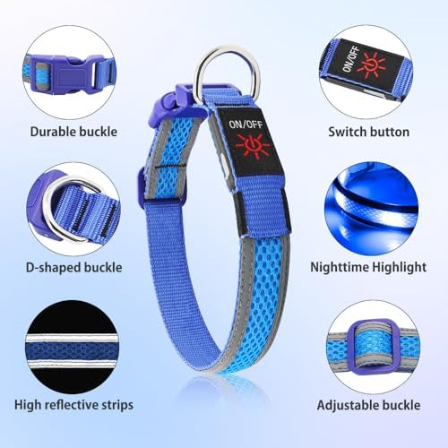 Illumifun Light Up Dog Collar, USB Rechargeable LED Dog Collar Glow in the Dark, Reflcetive Safety Glow Collar for Dogs Walking at Night (Small, Light Blue)