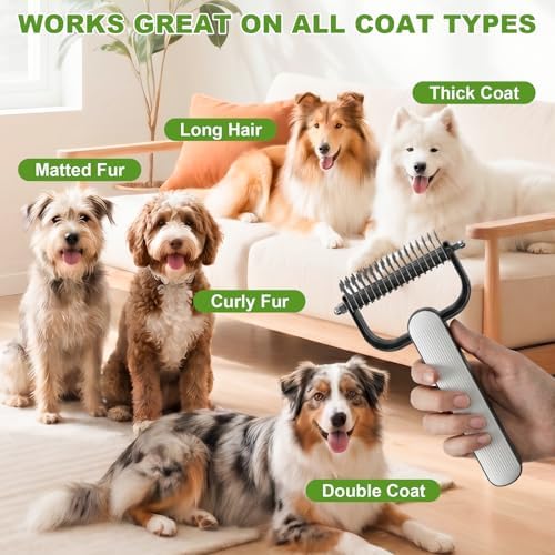 2026 New Double-Sided Dematting Comb for Dogs & Cats, Pet Grooming Tool for Long Haired Thick Double Coat Pets, Undercoat Rake Deshedding Brush for Tangles Matted Shedding Fur, Green-L-1Pcs