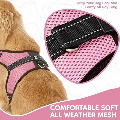 No Pull Reflective Adjustable Dog Harness With Handle- Comfortable Soft All Weather Mesh, Easy On Puppy Harness For Small Medium and Large Dogs (Pink) Large