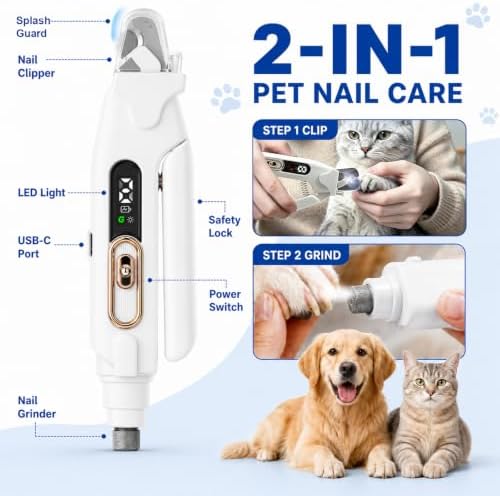 2-in-1 Dog Cat Nail Clippers & Grinder with LED Light, Pet Nail Trimmer with Splash Guard & Safety Lock, 2 Speeds USB Rechargeable Quiet Paw Nail Cutter for Large Medium Small Dogs Cats (Green)