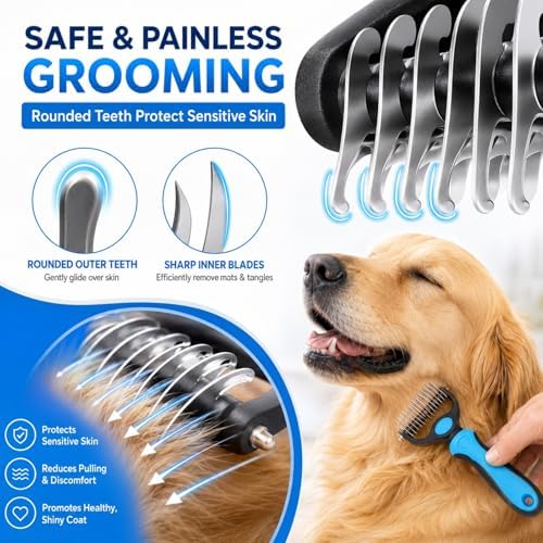 Professional Pet Grooming Tool Set (Large & Small 2-Pack), 2-in-1 Dual-Sided Undercoat Rake for Dogs & Cats, Dematting Comb & Deshedding Brush for Long Haired Pets with Thick Coats (2PC Blue-B)