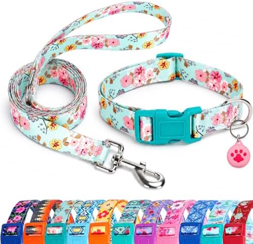 Floral Matching Dog Collar and Leash Set with AirTag Holder-Lily Daisy/XS