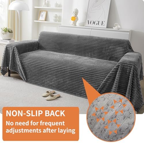 HAOMAIJIA Faux Fur Sofa Covers Couch Covers for 2 Cushion Couch Sofa Pet Friendly Soft Non Slip Couch Cover for Dogs Washable Sectional Couch Covers L Shape Furniture Protector (Grey, 91"x118")