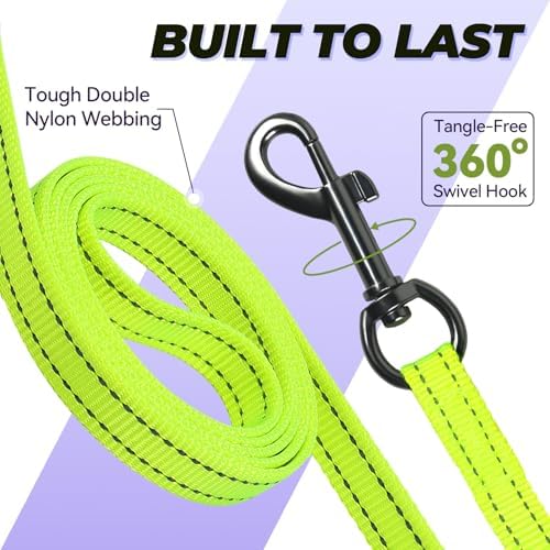 VIVAGLORY Double Handle Dog Leash Twingrip, 5ft x 1/2in, Neon Yellow