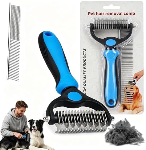 Pet Double Sided Dematting Undercoat Rake with Extra Stainless Steel Comb, Professional Grooming Brush for Thick Double Coated Dogs & Heavy Shedding Cats, Reduces Loose Pet Fur, 6.7 x 3.9 Inches(Blue)