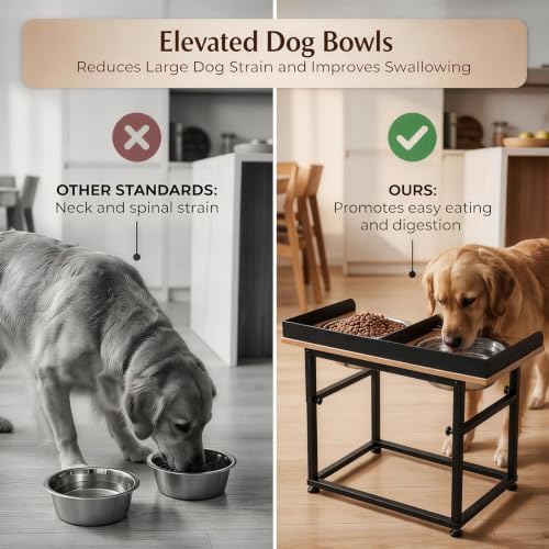 Elevated Dog Bowls for Large Breeds & Great Danes, 5 Adjustable Heights 16.1"-21.7" Raised Bowl Stand with Splash Guard, 2×4L 304 Stainless Steel Bowls, Wood & Metal, Non-Slip