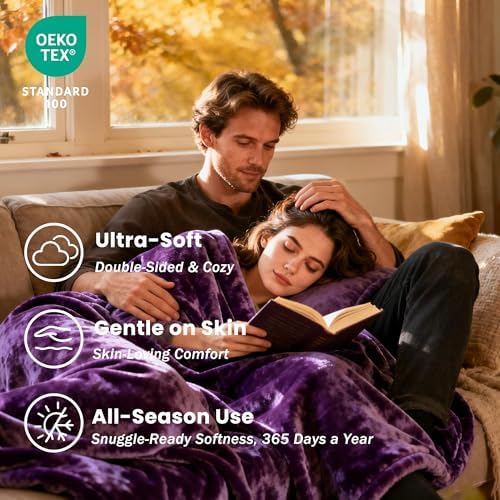 gogobunny Waterproof Flannel Blanket for Bed Couch Sofa, Reversible Double-Sided Throw for Dog Cat, Stain Resistant Furniture Protector Against Liquid Pee & Fur (90" x 108", Dark Purple/Light Purple)