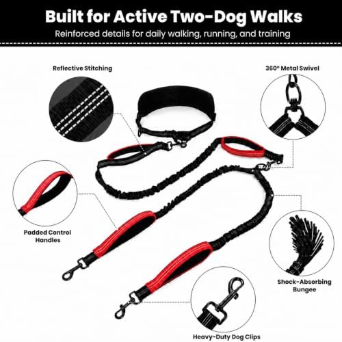 Hands Free Double Dog Leash, 4 Reflective Padded Handles, Adjustable Waist Belt 27-51", Shock-Absorbing Bungee, 360° Swivel Clips, for Small, Medium & Large Dogs, Walking Jogging Running