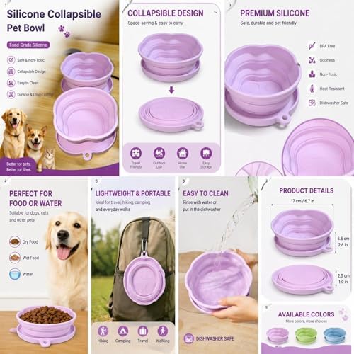 Portable Collapsible Dog Bowl, 2-in-1 Foldable Pet Feeding & Water Dish with Carabiner – Lightweight Travel Bowl for Dogs & Cats, Perfect for Walking, Hiking, Camping (Pink)