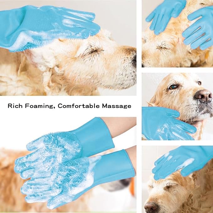Pet Grooming Gloves, Heat Resistant Silicone Gloves，Silicone Hair Removal Mitt for Dogs and Cats,Cat Bathing Gloves ，Cat and Dog Massage Products， Blue。