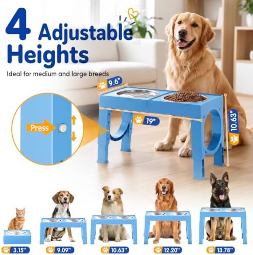 XIAZ Elevated Dog Bowls Large Breed Raised Dogs Bowl Stand Large/Medium Sized Dog Stainless Steel Food Water Bowl Stands 5 Heights Adjustable 9/11/12/15in Pet Feeder Dish Station