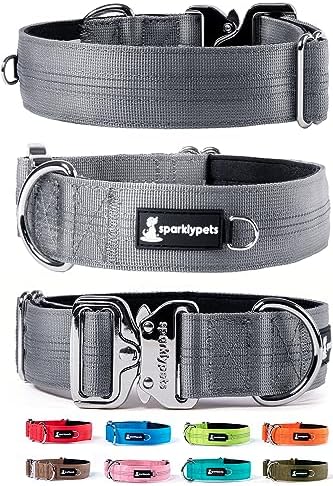 SparklyPets Heavy Duty Wide Dog Collar with Quick Release Chrome Buckle – Thick Tactical Dog Collar with Reflective Stripes & Soft Lining – for Large & Medium Breeds