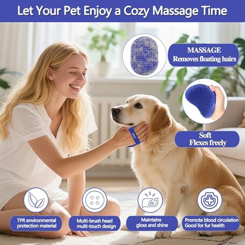 Dog bath brush, ROPO rubber massage dog shampoo brush, used for pet grooming, removing shedding fur, combing tangles and dead fur, suitable for pet dogs and cats (blue)
