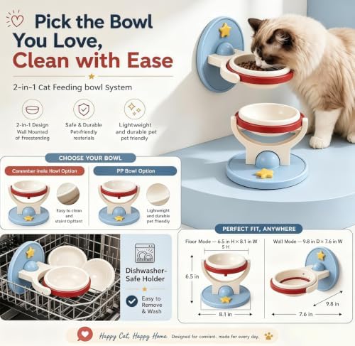 2-in-1 Elevated Ceramic Cat Bowl Wall-Mounted or Floor-Standing, Anti-tip Design Adjustable Height with Foldable/Removable Stand Suitable for Cats and Small Dogs (2Pc Green)