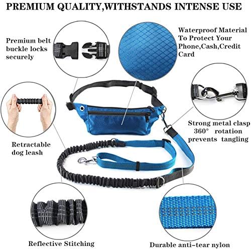 Hands Free Dog Leash for Running Walking Training Hiking,Retractable Bungee Dog Running Waist Leash Shock Harness for Medium to Large Dogs,Reflective Stitches,Adjustable Waist Belt, Dual Handle