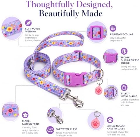 Floral Matching Dog Collar and Leash Set with AirTag Holder-Purple Daisy/L