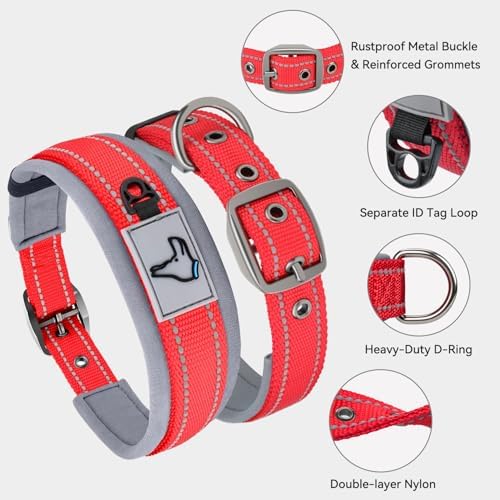 Joytale Reflective Dog Collar for XLarge Dogs with Wide Padding, Red