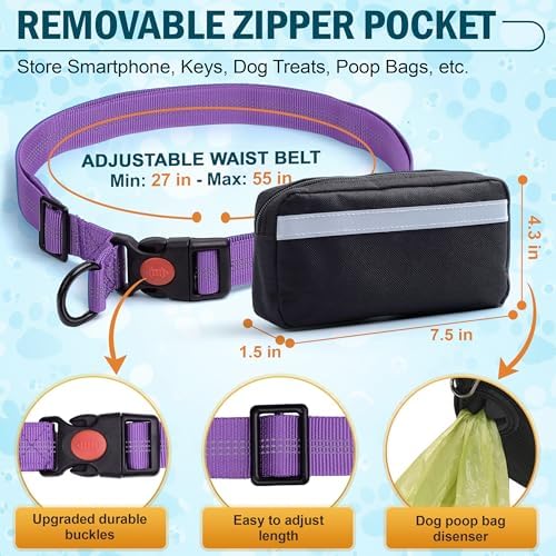 Hands Free Dog Leash with Waist Belt – No-Pull Bungee, Dual Padded Handles & Zipper Pouch for Running, Walking & Training – Adjustable Waist Leash for Large & Medium Dogs