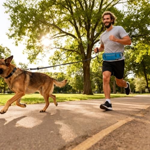 Hands Free Dog Leash with Bungee, Anti-Shock Reflective Running Lead, Adjustable Waist Bag for Jogging Walking Hiking, Blue