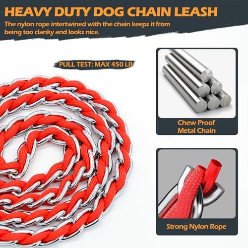 Chain Dog Leash, Bite-Proof Metal Leash, with Padded Handle Red
