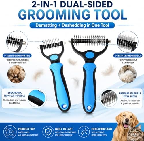 Professional Pet Grooming Tool Set (Large & Small 2-Pack), 2-in-1 Dual-Sided Undercoat Rake for Dogs & Cats, Dematting Comb & Deshedding Brush for Long Haired Pets with Thick Coats (2PC Blue-B)