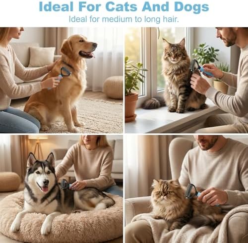 Double Sided Dematting Comb for Cats & Dogs, Professional Grooming Brush, Undercoat Rake with Ergonomic Grip, Safe Deshedding Tool for Long Thick Hair, Tangle Remover for Pets (Pink-L)